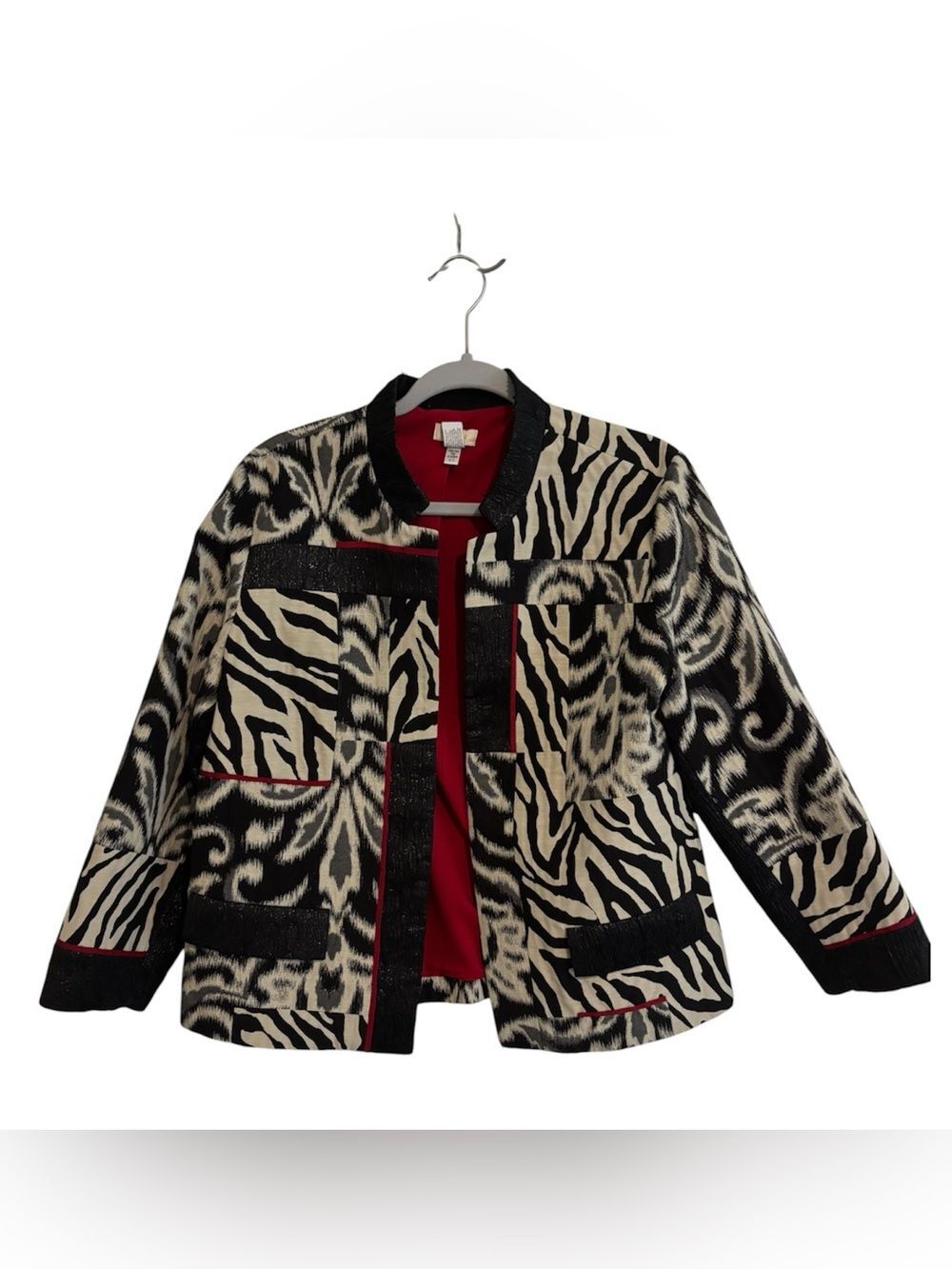 Chico's Large 2 Black & White Patterned Women's Jacket Blazer Red Boho Ikat
